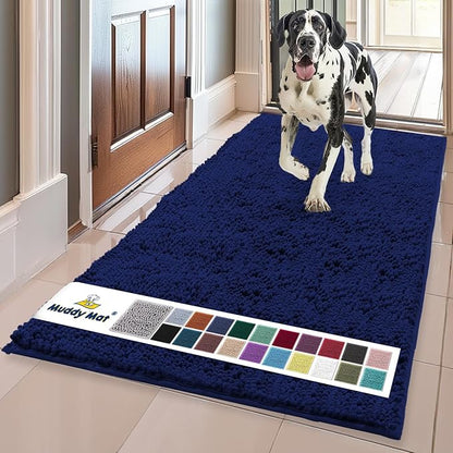 Muddy Mat® | Super Water Absorbent Door Mat Indoor, Microfiber Quick Dry Chenille Entryway Rug, Slip Resistant Front Door Mat, Indoor Mats for Entryway, Machine Washable Pet Rug, Navy Blue 24"x96"