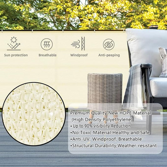 SUNLAX 3'x10' Butter Cream Balcony Privacy Screen Fence Windscreen Cover Fabric Shade Netting Mesh Cloth with Grommets UV Protection for Patio, Backyard, Porch, Railing Shield 90%