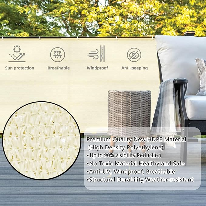 SUNLAX 3'x16' Butter Cream Balcony Privacy Screen Fence Windscreen Cover Fabric Shade Netting Mesh Cloth with Grommets UV Protection for Patio, Backyard, Porch, Railing Shield 90%