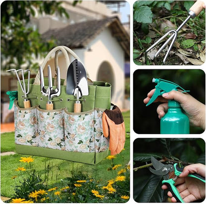 APSARAS USA Gardening Tools 9-Piece Heavy Duty Gardening Tool Set with Fashion and Durable Garden Tool Set Organizer Handbag,Rust-Proof Garden Tools, Ideal Gifts for Women