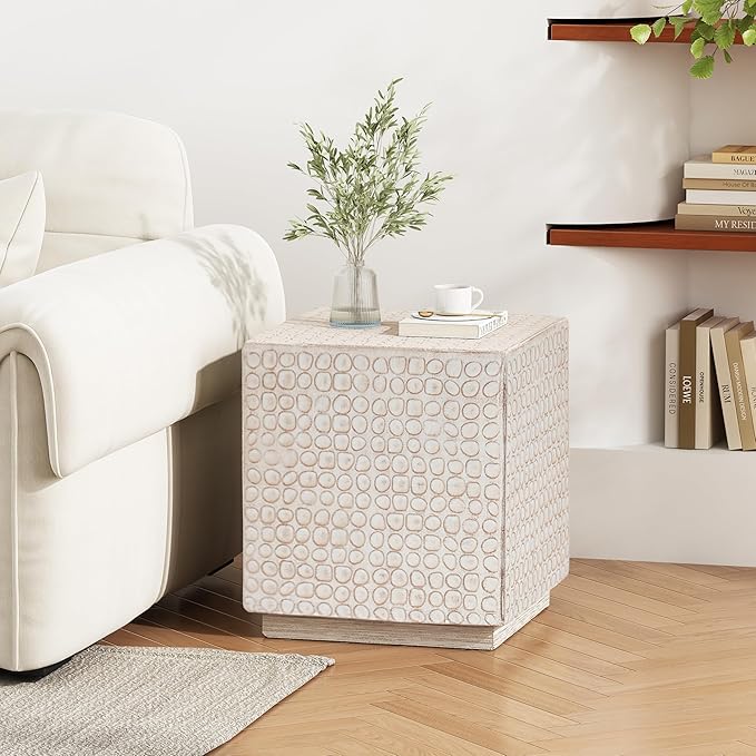 Christopher Knight Home Jeanie Outdoor Side Table Lightweight Concrete, Patio End Table Cube, MGO Fluted Coffee Table for Outside, Garden, Backyard, Poolside Accent Table, White Wash