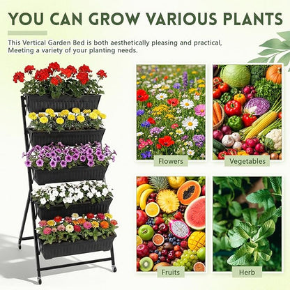 2 Pack 5 Tier Vertical Garden Planter with Wheels 4.5 ft Raised Garden Bed for Strawberry Herb Vegetable Flower Stackable Planter Boxes with Drainage for Patio Indoor Outdoor(Black)