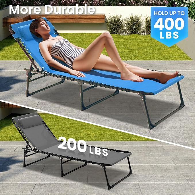 2 Pack Outdoor Folding Chaise Lounge 5-Position Adjustable Recliner 400LB Heavy Duty Portable Patio Camping Beach Chair, Blue