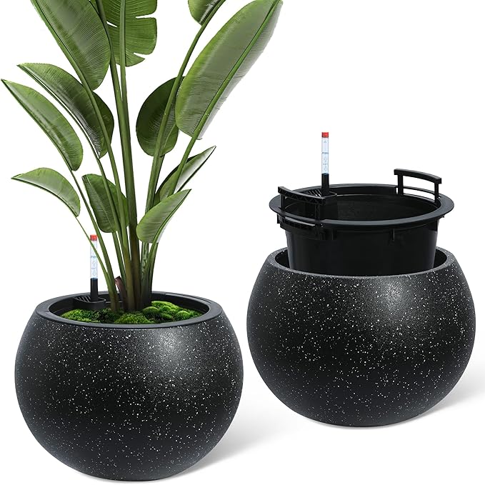 11.3 H x 13.4 " Dia Round Self Watering Pots, Self Watering Pots for Indoor Plants, Plant Pots with Built-in Drainage and Water Level Monitor, for Patio, Porch, Living Room, or Home Office - White Dot