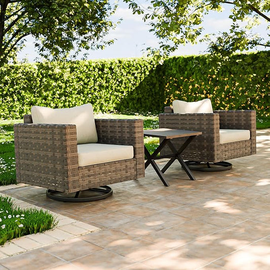 COOS BAY Lanai Chic 3 Piece Outdoor Bistro Set, Small Patio Conversation Set, Outdoor Patio Furniture, 2 Swivel Rockers and Side Table, Brown/Beige
