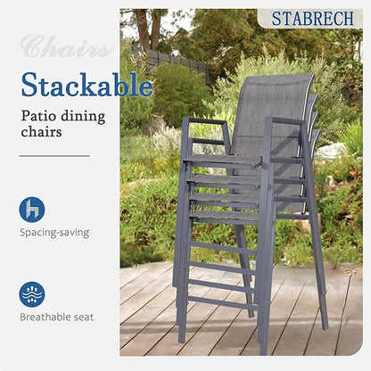 Outdoor Bar Stools Set of 6, 44'' Patio Bar Chairs with Textile High Back, Bar Height Chairs with Straight Armrest and Footrest, Grey