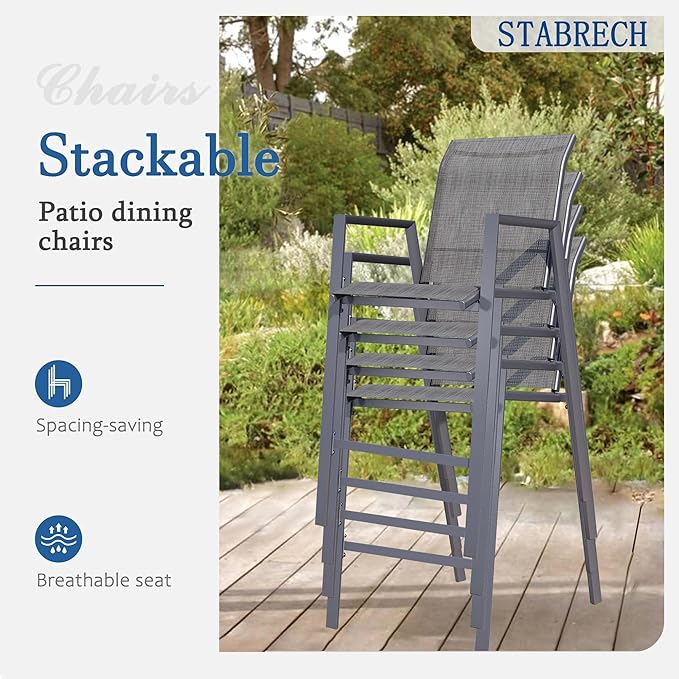 Outdoor Bar Stools Set of 2, 44'' Patio Bar Chairs with Textile High Back, Bar Height Chairs with Straight Armrest and Footrest, Grey