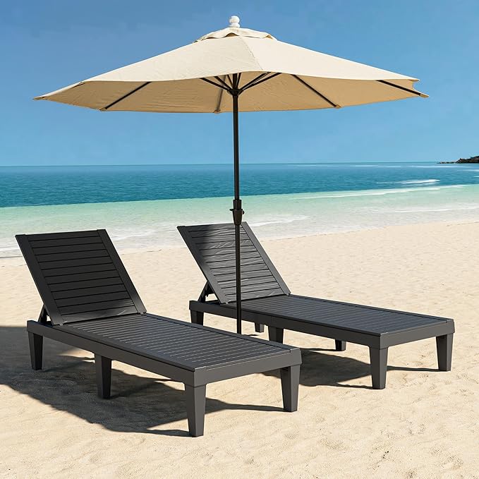 Outdoor Lounge Chair Set of 2, 5-Positions Adjustable Patio Chaise Lounges, Waterproof Tanning Chairs for Poolside, Backyard, Scratch-Resistant & Easy to Clean (Black Striped, Set of 2)