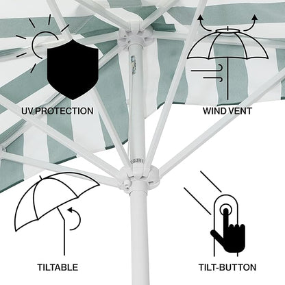 JONATHAN Y Half Umbrella UMB1201L Beverly 9 ft. Designer Classic Scalloped Fringe Market Patio with Crank, Tilt Button and UV Protection in Green/White, White Pole