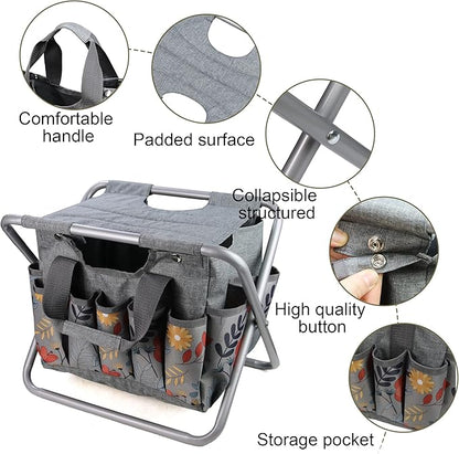 MDSTOP Folding Gardening Stool with Detachable Storage Tote Bag, Gardening Tools Set Organizer for Fishing Outdoor Sports Hiking Camping Garden, Gardening Gifts for Mom/Dad, Without Tools (Aluminum)