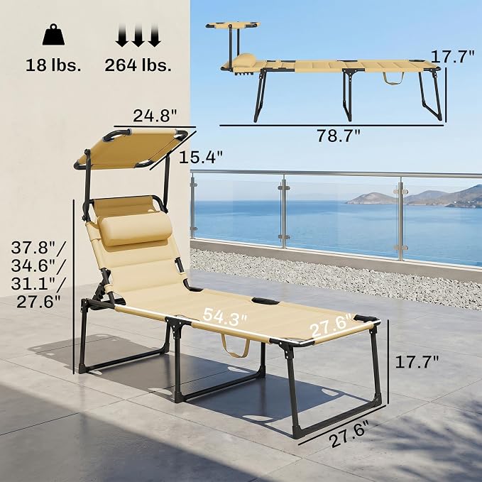 Outsunny Outdoor Lounge Chair, Adjustable Backrest Folding Chaise Lounge, Cushioned Tanning Chair with Sunshade Roof & Pillow Headrest for Beach, Camping, Hiking, Cream White