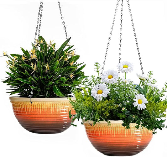 12 inch Large Hanging Planters for Indoor Outdoor Plants, Set of 2 Glazed Hanging Flower Pots with Drainage Hole, Hanging Baskets for Garden Home Porch Decor