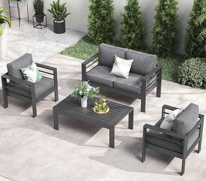 LayinSun Outdoor Aluminum Furniture Set, 4 Pieces Patio Sectional Conversation Chat Sofa Modern Seating Set with Coffee Table