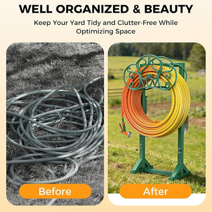 Garden Hose Holder with 2 Tool Hooks Heavy-Duty Freestanding Water Hose Holder Holds 160Ft Hoses, Rustproof Freestanding Hose Stand with 4 Spikes Hose Hanger Storage Rack for Outside, Yard, Lawn
