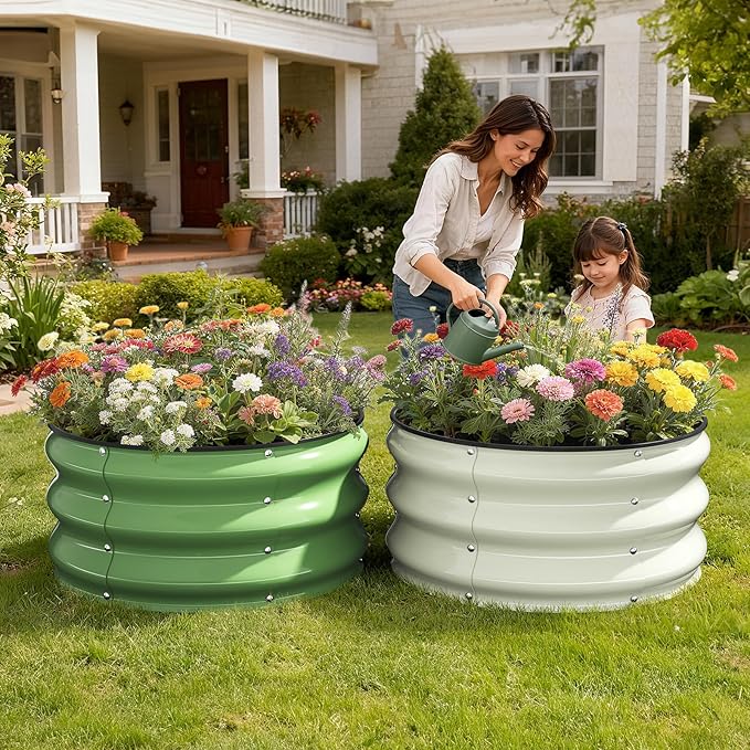 Galvanized Raised Garden Bed 2pcs 2×2×1 FT, Round Metal Raised Garden Bed Outdoor Planter Box with Open Bottom, Rust-Resistant Steel Garden Bed for Vegetables Herbs Flowers, Easy Assembly