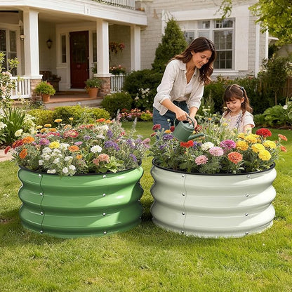 Galvanized Raised Garden Bed 2pcs 2×2×1 FT, Round Metal Raised Garden Bed Outdoor Planter Box with Open Bottom, Rust-Resistant Steel Garden Bed for Vegetables Herbs Flowers, Easy Assembly