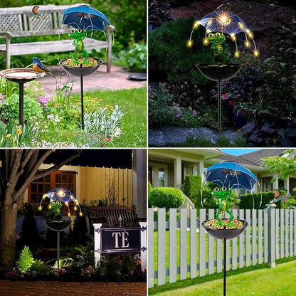 Solar Bird Feeder Frog Garden Decor, Outdoor Solar Lights with Umbrella, Hummingbird Feeder Decorative Path Lights Yard Art Ornament Bird Feeder (Frog)