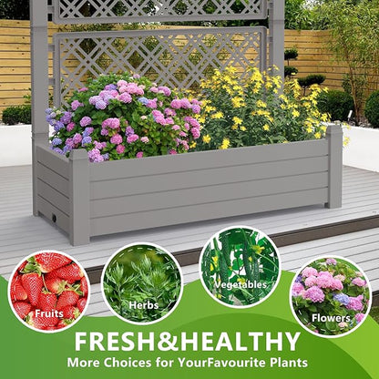 Vixzen 59" Tall Raised Garden Bed,Outdoor Large Resin Planter Box with Trellis and Drain Plug for Climbing Plants,Easy to Assemble,Water Monitor Grey, 43.43"×18.27"×59.29"