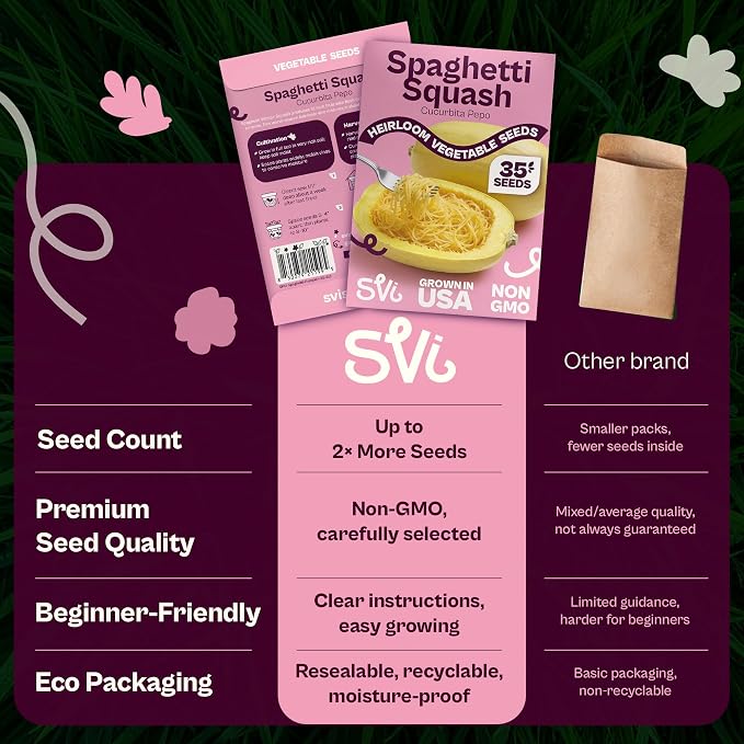 SVI 35 Winter Spaghetti Squash Seeds (Cucurbita Pepo) – Yellow Winter Squash Spaghetti Seed Packets, Long Storage – Heirloom Vegetable Seeds for Outdoor Vegetable Garden, Raised Beds, Peat Pots