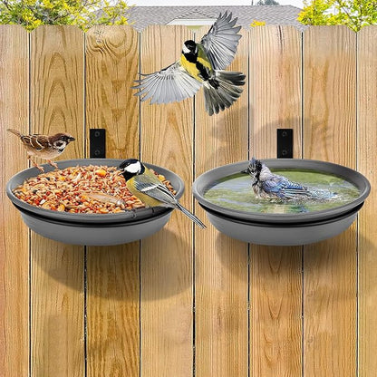 Fence Bird Feeders Tray - 2pcs Tree Mounted Wild Bird Bath for Outdoors Place Food Water, Installed on Deck Wall Stakes with Heavy Duty Iron Ring, 8.3'' Dia. (Grey)
