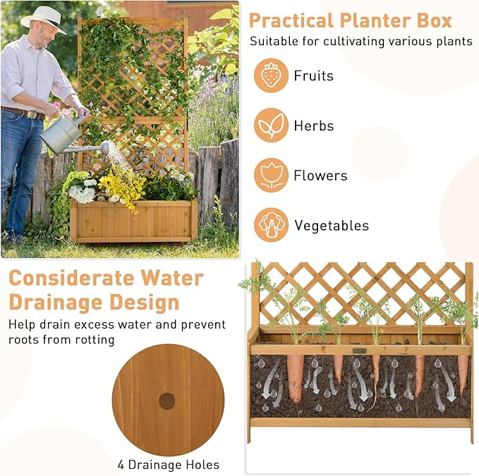 Giantex 2 Pcs Planter Raised Bed with Trellis, 71" Wooden Garden Bed, High Trellis for Plant Flower Climbing Pot Hanging, Indoor & Outdoor Planter Box for Yard, Garden, Balcony
