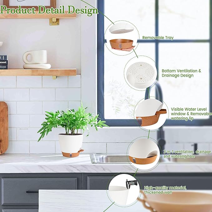 Self Watering Pots for Inoor Ourdoor Plants 10/9/8/7/6.5 Inch Plastic Planters with Drainage Holes & Water Level Indicator, Decorative House Flower Nursery Planting Pots with Saucers (White)