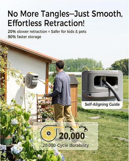 GLAHODEN Retractable Garden Hose Reel 5/8 in x 100 ft Upgraded UV Resistant Heavy Duty Automatic Hose Reel Wall Mount 3/4 in Brass Fitting 9 Pattern Nozzle Any Length Lock Slow Retraction 180° Swivel