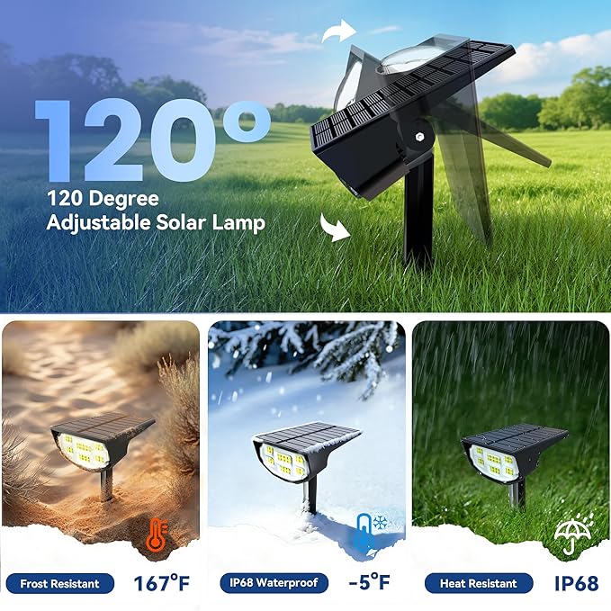 Solar Spot Lights Outdoor IP68 Waterproof, Ultra-Bright Performance，Simple Modes for Easier Operation, Auto On/Off，Solar Powered Landscape Lights for Garden, Yard, Pathway (Cool White, 8 Pack)