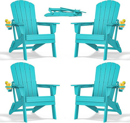 nevilywood Folding Adirondack Chair with Cup Holder Set of 4, HDPE Patio Chairs,All-Weather Outdoor Chairs for Backyard, Deck,Fire Pit-Aruba