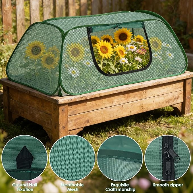 2 Pack Pop-Up Raised Garden Bed Cover with Zipper Door, 30% Sunblock Garden Netting Crop Cage for Raised Beds, Plant Protector for Vegetables Against Birds, Animals & Insects-45" x 22" x 16"