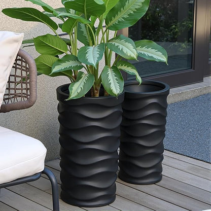 Tall Planter Outdoor Indoor, 2 Pack Extra Large Plant Pots 20" 18" H Tall Large Tree Planter-Modern Matte Wavy Flower Pot for Indoor Outdoor Proch Decor (Black)