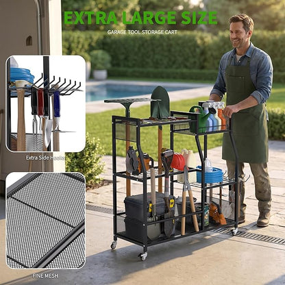 HOTEAGLE Garden Tool Organizer for Garage with 35.4” Width(High Stability), Outdoor Metal Utility Rolling Carts with Mute Wheels & 18.5mm Thick Rods, Easy to Clean, Black