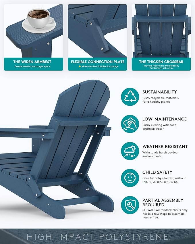 SERWALL Folding Adirondack Chair Patio Chair Lawn Chair Outdoor Adirondack Chairs Set of 6 Weather Resistant for Patio Deck Garden, Backyard Deck, Fire Pit - Blue