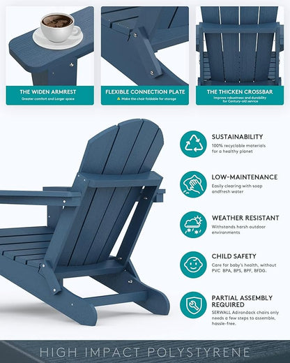 SERWALL Folding Adirondack Chair Patio Chair Lawn Chair Outdoor Adirondack Chairs Set of 6 Weather Resistant for Patio Deck Garden, Backyard Deck, Fire Pit - Blue