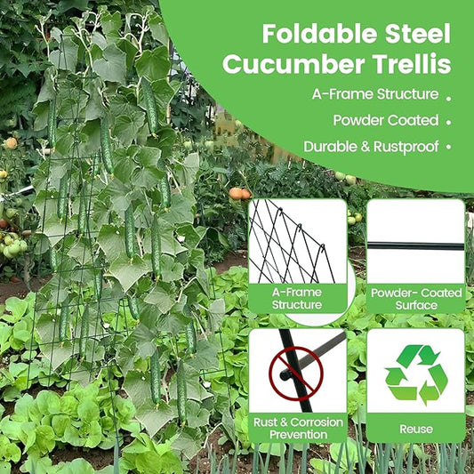 Foldable Cucumber Trellis 64" H x 20" W, A-Frame Garden Trellis for Raised Bed, Outdoor Climbing Plant Support with Twist Ties & Plant Bags for Climbing Plants Outdoor