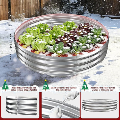 12 Inch Tall Heavy-Duty Round Steel Rised Garden Bed – Wave-Shaped Design Galvanized Metal Planter Box for Vegetables Flowers Succulent at Patio/Garden Outdoor (Silver, 60" Diameter)