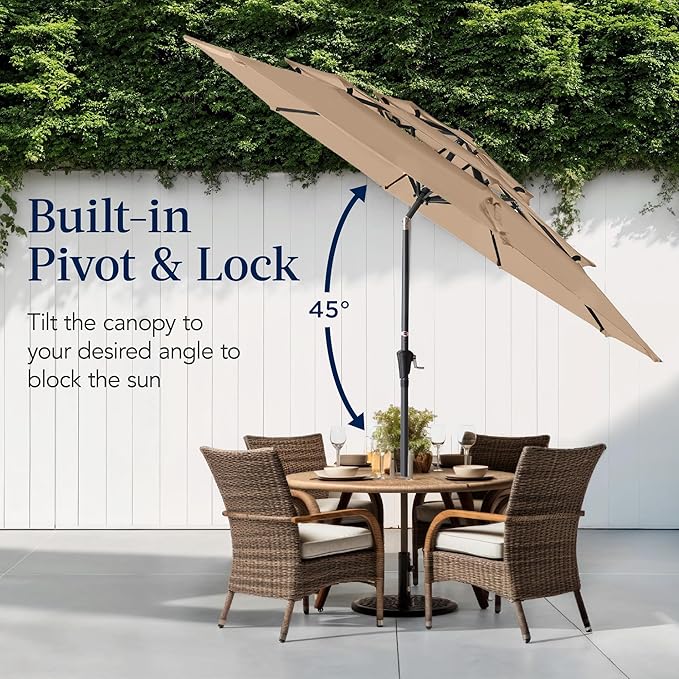 Best Choice Products 10ft 3-Tier Market Patio Umbrella, Outdoor Sun Shade with Tilt, Crank Lift, 8 Ribs for Backyard, Deck, Poolside – Tan