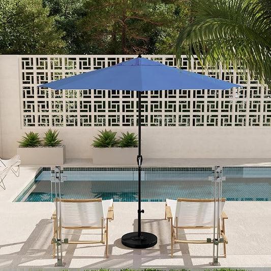 California Umbrella 9' Rd Aluminum Patio Umbrella, Crank Lift, Auto Tilt, Black Finish, 4yr Fade Warranty, Frost Blue