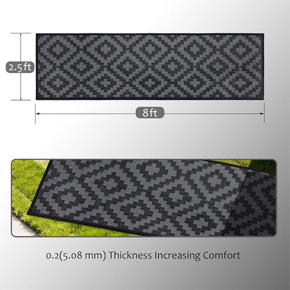 SAND MINE Waterproof Outdoor Rug, Plastic Reversible Rug, Modern Area Rug, Large Floor Mat for Outdoors, RV, Patio, Backyard, Deck, Picnic, Beach, Camping (2.5' x 8', Black Grey Lattice)