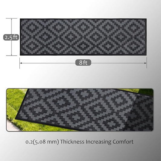 SAND MINE Waterproof Outdoor Rug, Plastic Reversible Rug, Modern Area Rug, Large Floor Mat for Outdoors, RV, Patio, Backyard, Deck, Picnic, Beach, Camping (2.5' x 8', Black Grey Lattice)