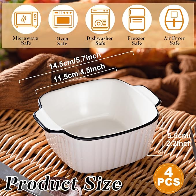 Maxdot 4 Pcs Ceramic Baking Dishes Porcelain Soup Bowls 5.75 Inches Ceramic Square Cereal Bowls with Handles for Kitchen Air Fryer Oven Microwave Safe Serving Mother's Day Wedding Party Gift