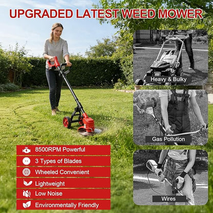 Cordless Weed Wacker, Electric Weed Trimmer with Wheels, 2x2.0Ah 21V Battery Powered Weed Eater, String Trimmer Brush Cutter, 3 Types Blades Lawn Mower Edger Lawn Tool for Garden Yard