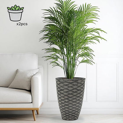 19" H Coastal Planter for Indoor/Outdoor Plants, Set of 2 Large Flower Pot with Drainage Hole, Weather-Resistant Resin Planters for Garden Patio Porch Home Office Decor, Rustic Black Wavy