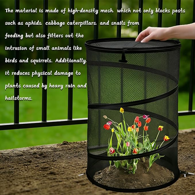 4 Pcs Pop Up Mesh Plant Protectors, 21 x 13 Foldable Garden Cover, Specifically Designed for Outdoor Vegetables, Seedlings & Flowers, Animal Barrier Cloches with Stakes (Black)
