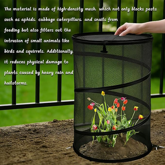 2 Pcs Pop Up Mesh Plant Protectors, 21 x 13 Foldable Garden Cover, Specifically Designed for Outdoor Vegetables, Seedlings & Flowers, Animal Barrier Cloches with Stakes (Black)