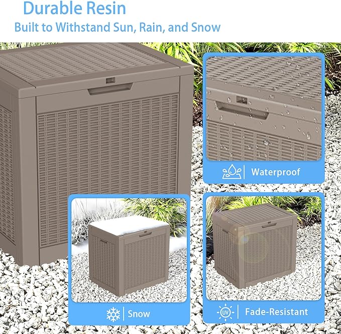 30 Gallon Deck Box, Waterproof Resin Rattan Outdoor Storage Box Lockable for Patio, Fade Resistant Ourdoor Side Table & Organizer for Garden Tools, Pool Floats, Outdoor Cushions, Light Coffee