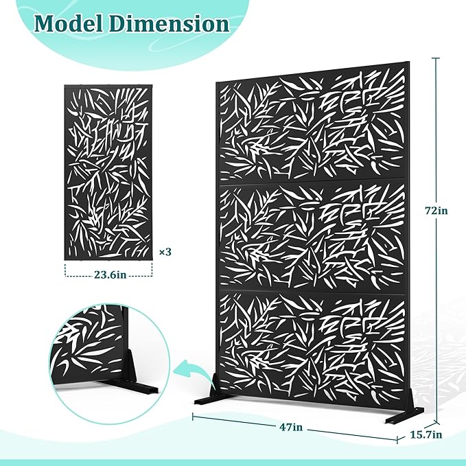 Metal Privacy Screen Outdoor Privacy Screen, Freestanding Fence Panel for Outside, 72''H×47''W, Decorative Screen Panel for Backyard/Patio/Deck