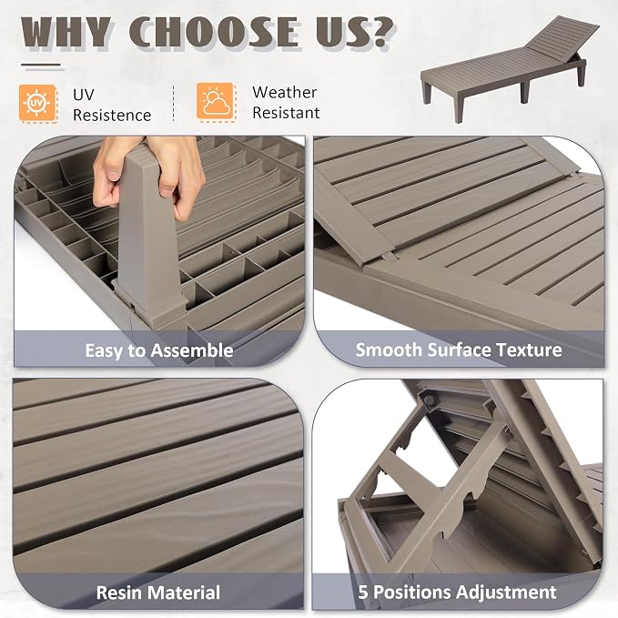 Outdoor Lounge Chairs Set of 2, 5-Position Adjustable Tanning Chairs with Wood Grain, All-Weather Resin Patio Recliners for Pool, Garden, Deck, Beach, Patio Lounge Chairs, Texture Grey