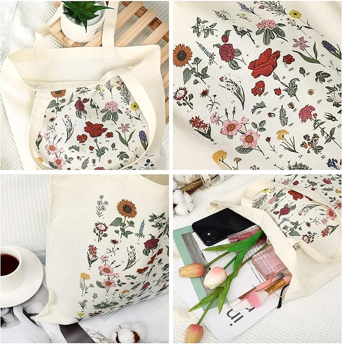 4 Pieces Floral Canvas Tote Bag for Women Book Club Gifts Cute Aesthetic Canvas Bags Bulk Flower Reusable Grocery Shopping Bag Aesthetic for Women
