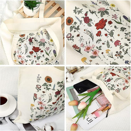 4 Pieces Floral Canvas Tote Bag for Women Book Club Gifts Cute Aesthetic Canvas Bags Bulk Flower Reusable Grocery Shopping Bag Aesthetic for Women